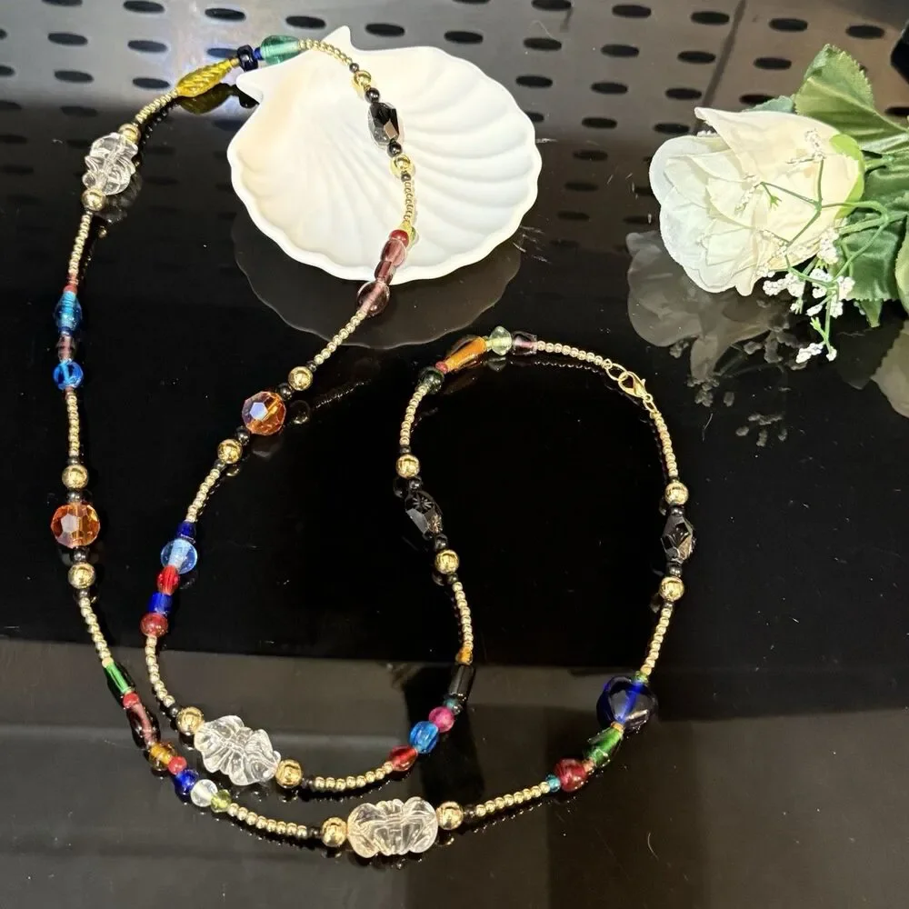 Vintage Multicolor Glass Bead Necklace Boho Long Gold Tone Eclectic Jewelry 21”